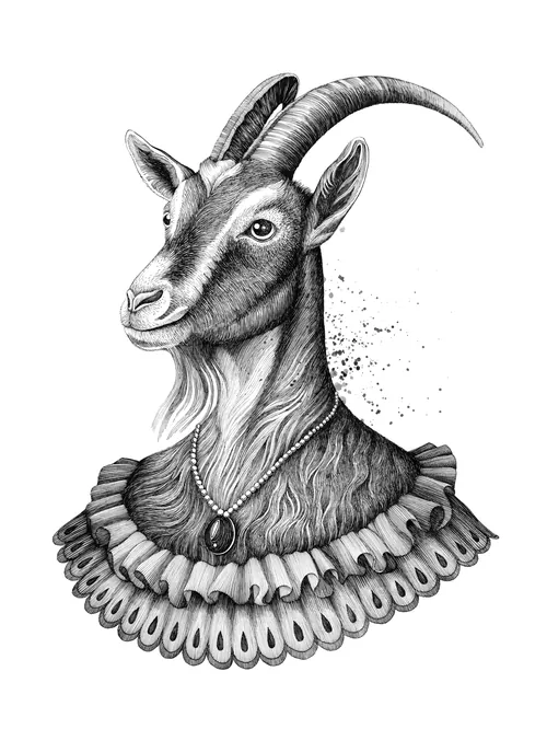 Detailed black and white portrait of a goat with human-like features by Miosis