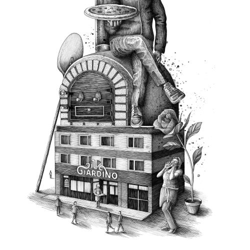Modern surreal artwork exploring unusual urban perspective