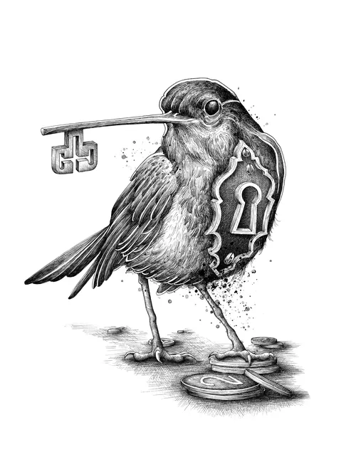 Black and white drawing of a bird carrying a key and lock by Miosis
