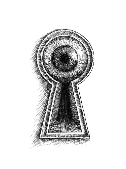 Illustration of a detailed eye seen through a keyhole by Miosis