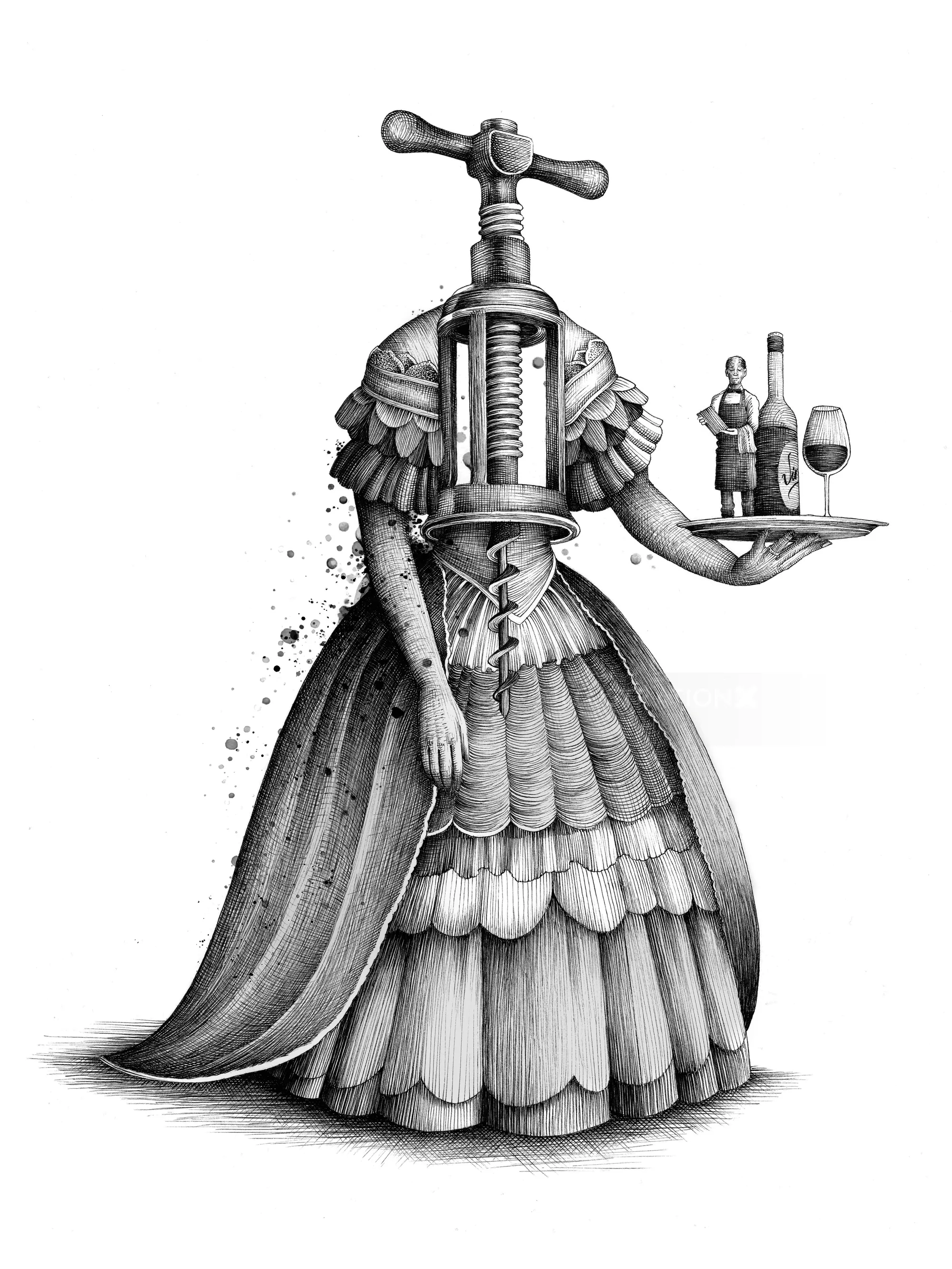 Surreal artwork of a woman with a corkscrew head holding a wine tray by Miosis