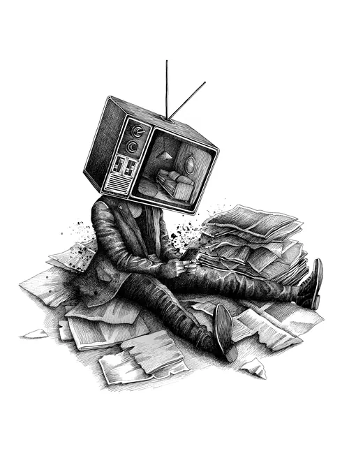 Surreal figure with television head sitting among scattered papers by Miosis