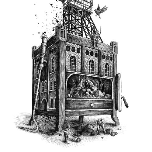 Black and white drawing of a coal mine building with furnace and small figures by Miosis