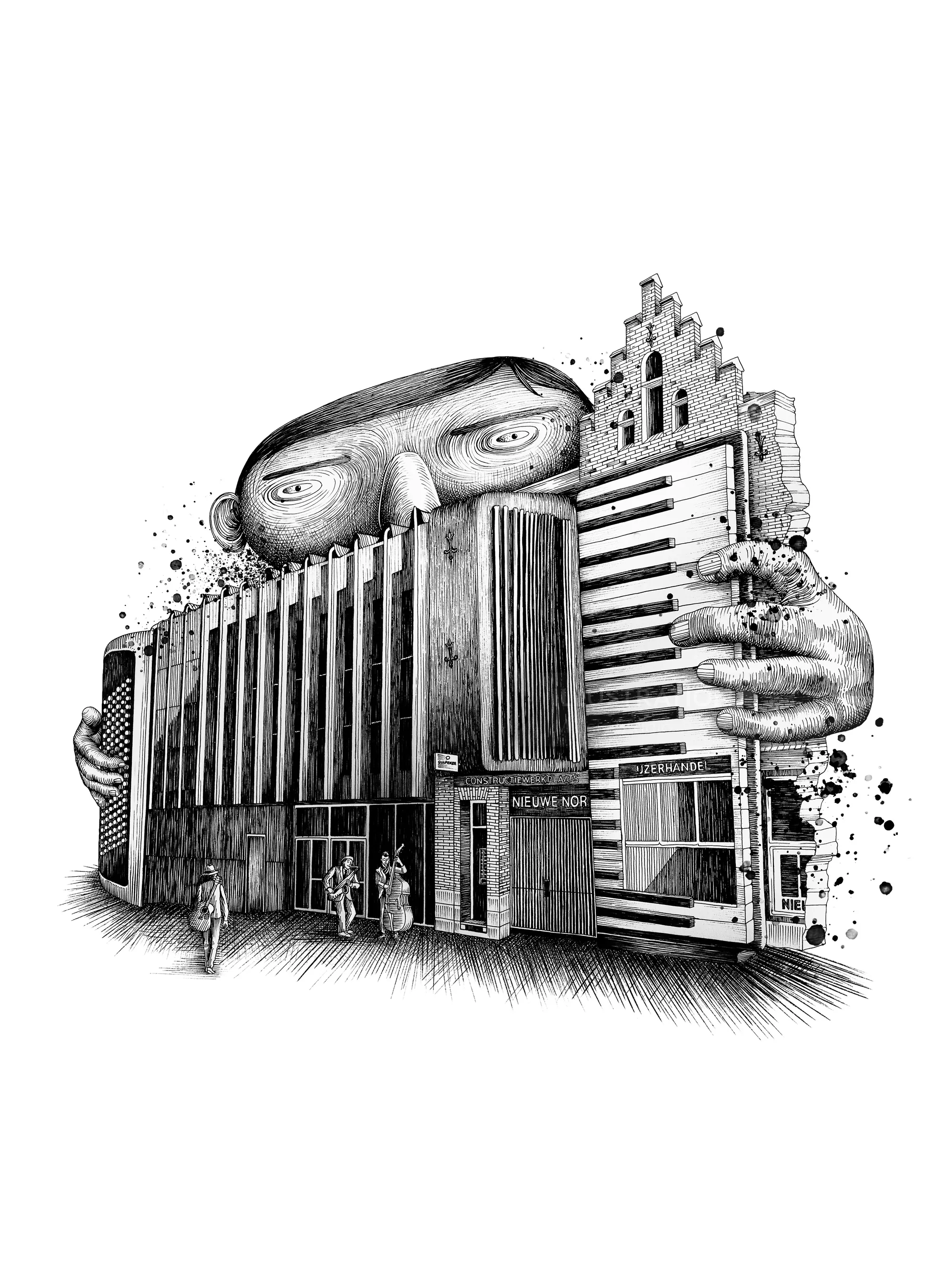 Surreal black and white drawing of building with giant hands by Miosis