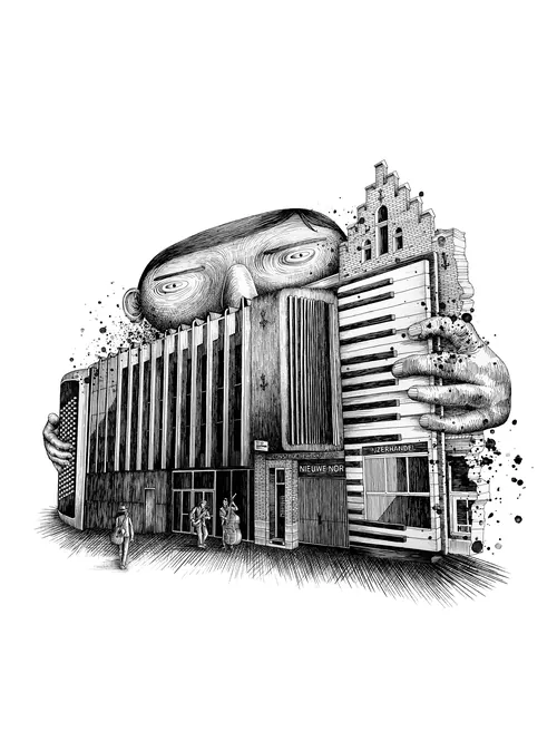Surreal black and white drawing of building with giant hands by Miosis