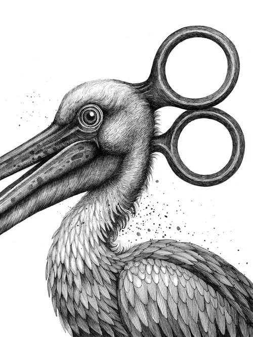 Pelican with sharp mechanical beak