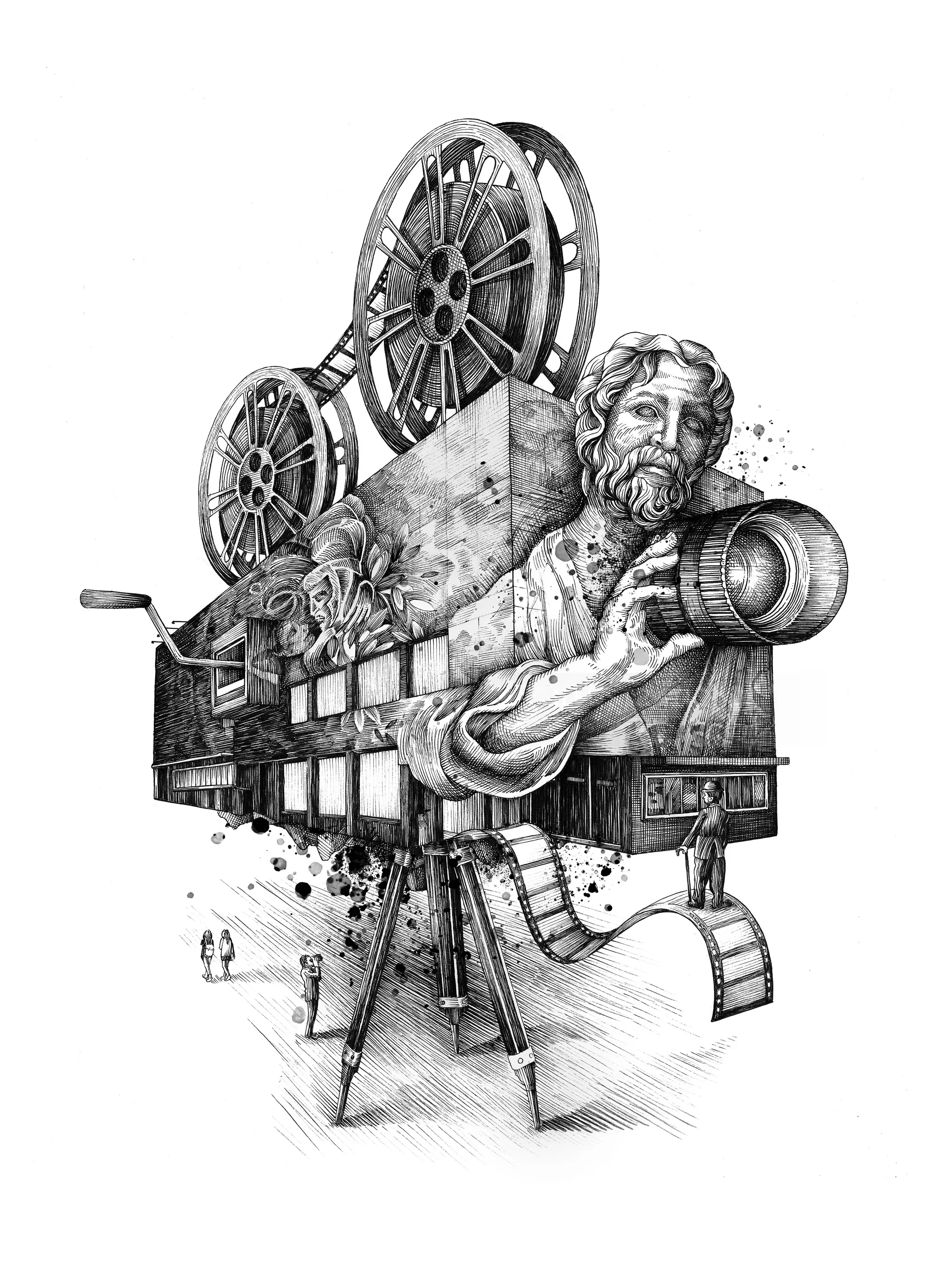 Retro cinema equipment combined with human sculpture design
