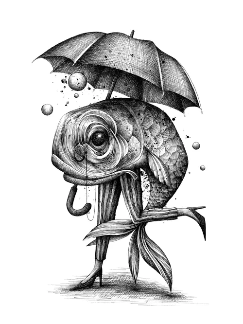 Surreal fish walking with umbrella, by Miosis