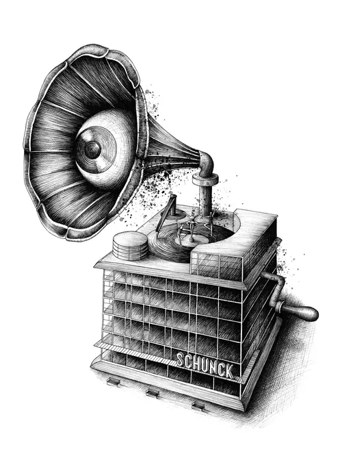 Detailed drawing of a gramophone with an eye inside the horn by Miosis