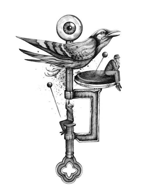 Abstract surreal art with symbolic eye and bird imagery