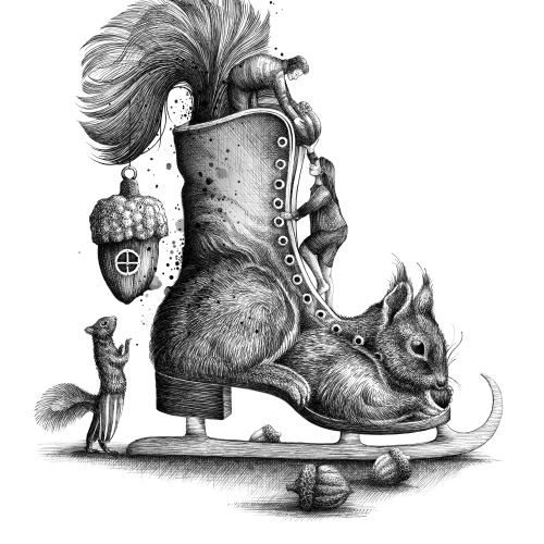 Black and white drawing of squirrel on ice skate
