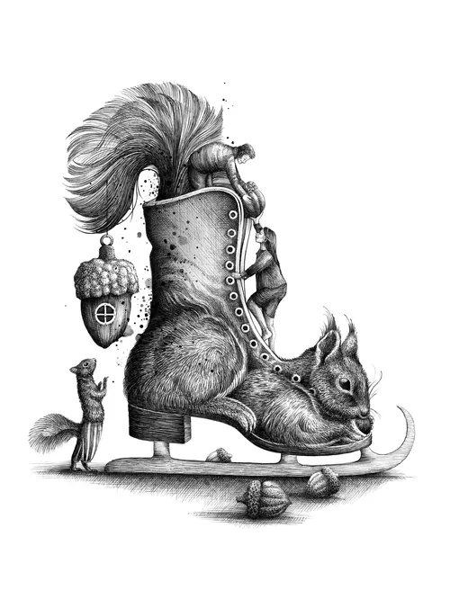 Black and white drawing of squirrel on ice skate