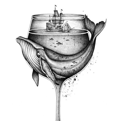 Artwork showing miniature ocean scene in wine glass