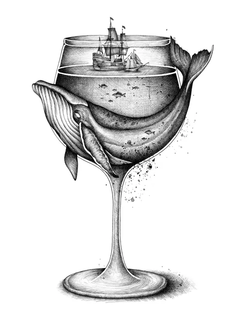 Artwork showing miniature ocean scene in wine glass