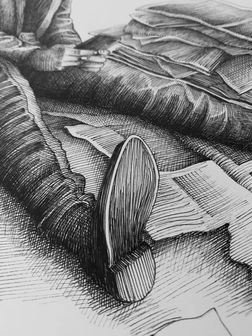 Close-up drawing of person lying with papers scattered on floor by Miosis
