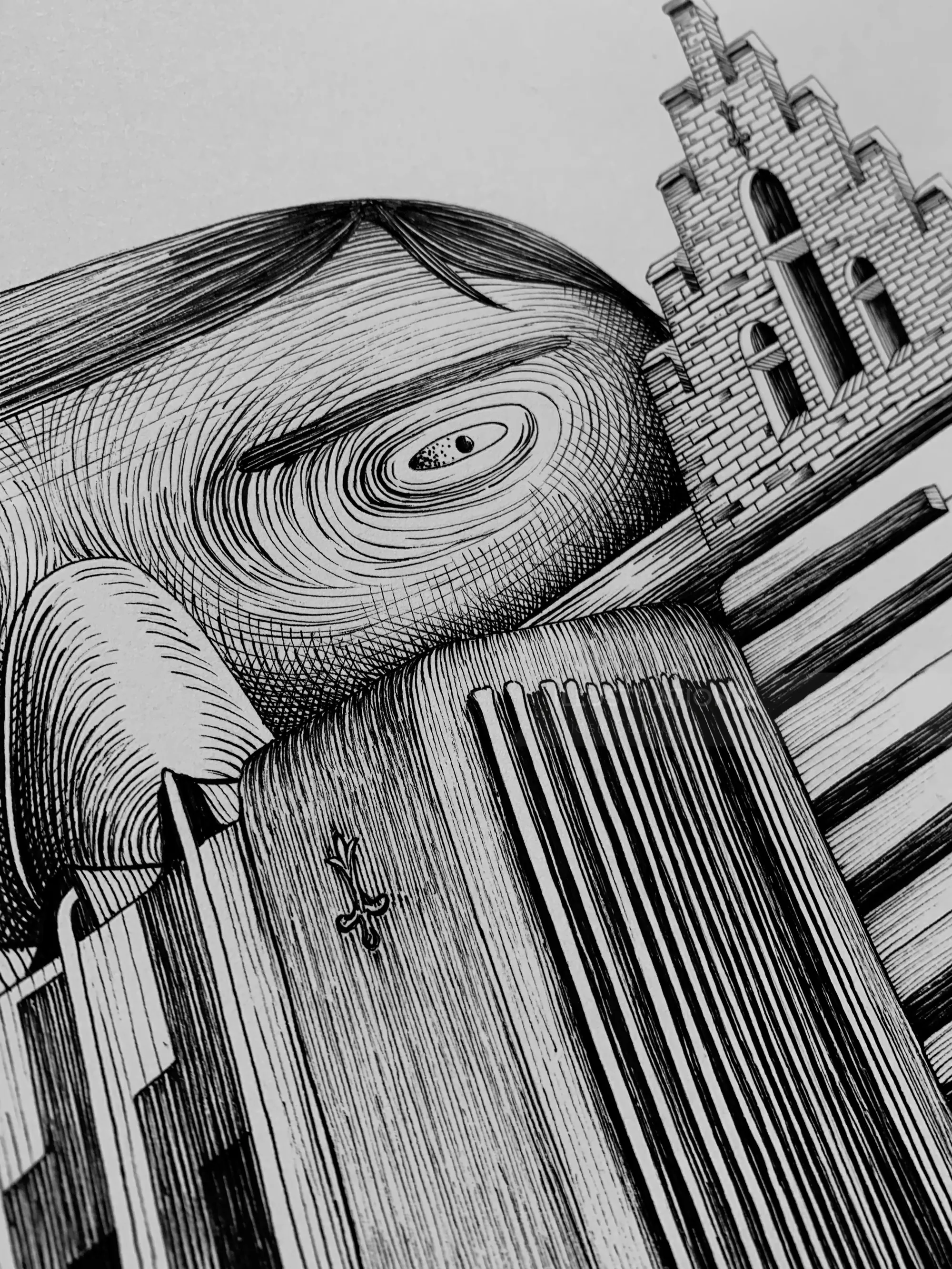 Close-up of abstract black and white engraving by Miosis