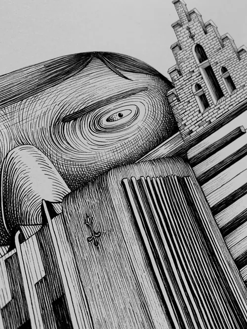 Close-up of abstract black and white engraving by Miosis