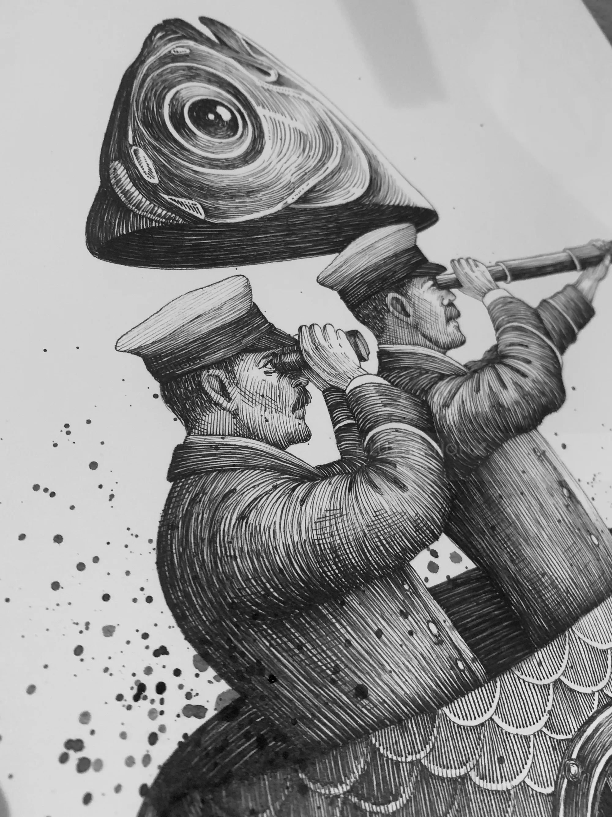 Surreal drawing of two naval officers with an abstract horn by Miosis