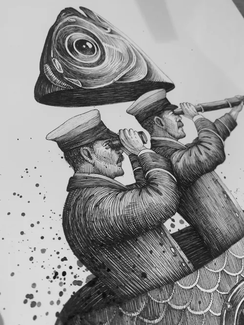 Surreal drawing of two naval officers with an abstract horn by Miosis