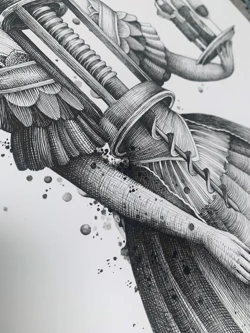 Mechanical wings and arm with intricate gears and feathers by Miosis
