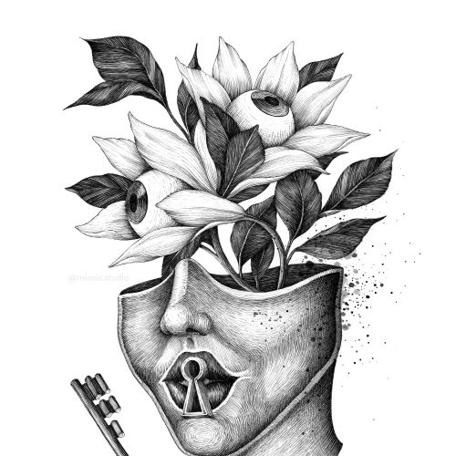 Surreal flower blooming from a human head with a key and keyhole by Miosis Studio
