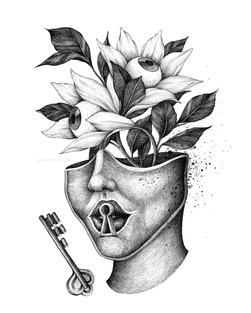 Surreal flower blooming from a human head with a key and keyhole by Miosis Studio