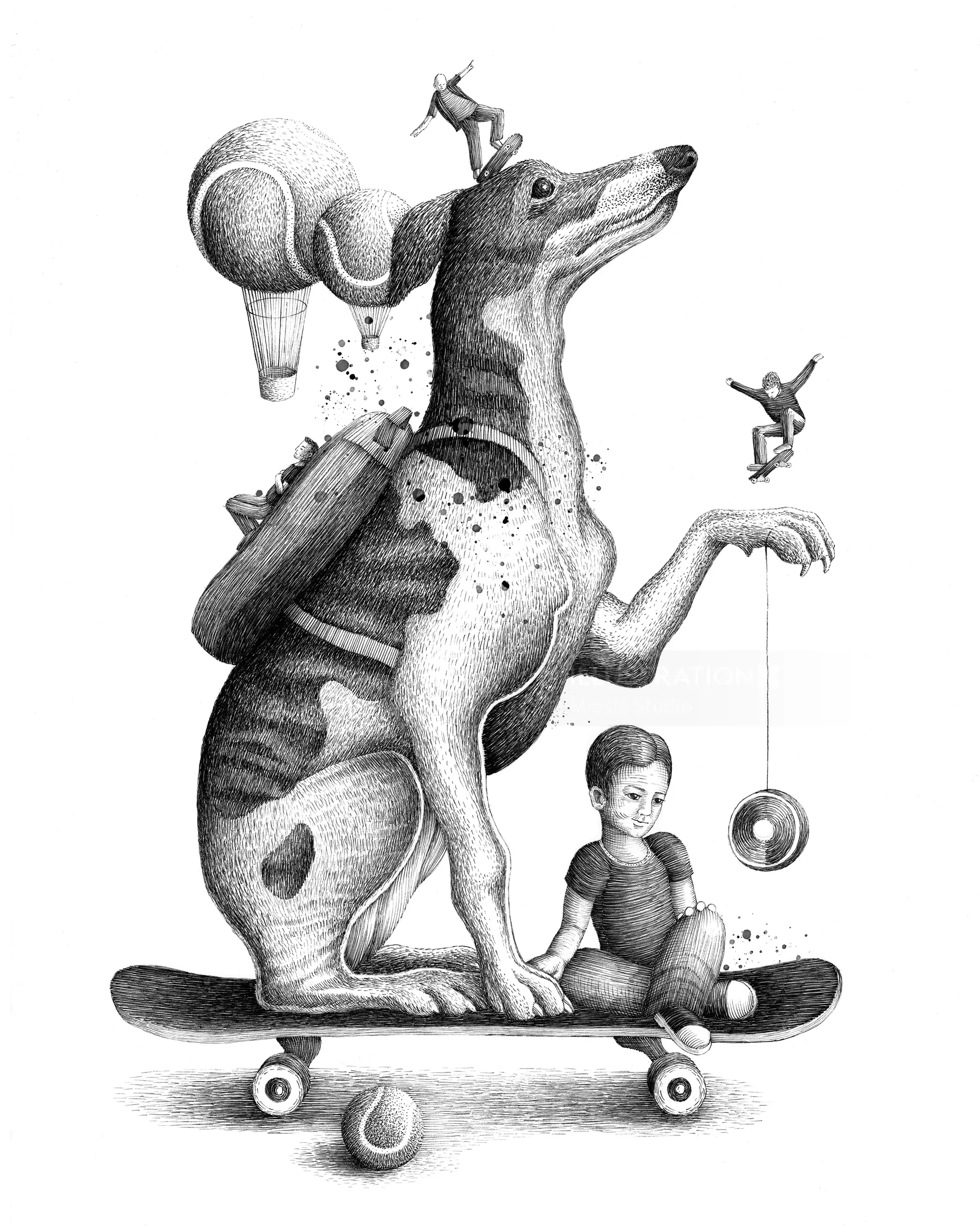 Galgo en patineta con un niño jugando al yo-yo, por Miosis Studio