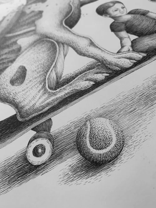 Detailed pencil drawing of a greyhound on a skateboard by Miosis Studio