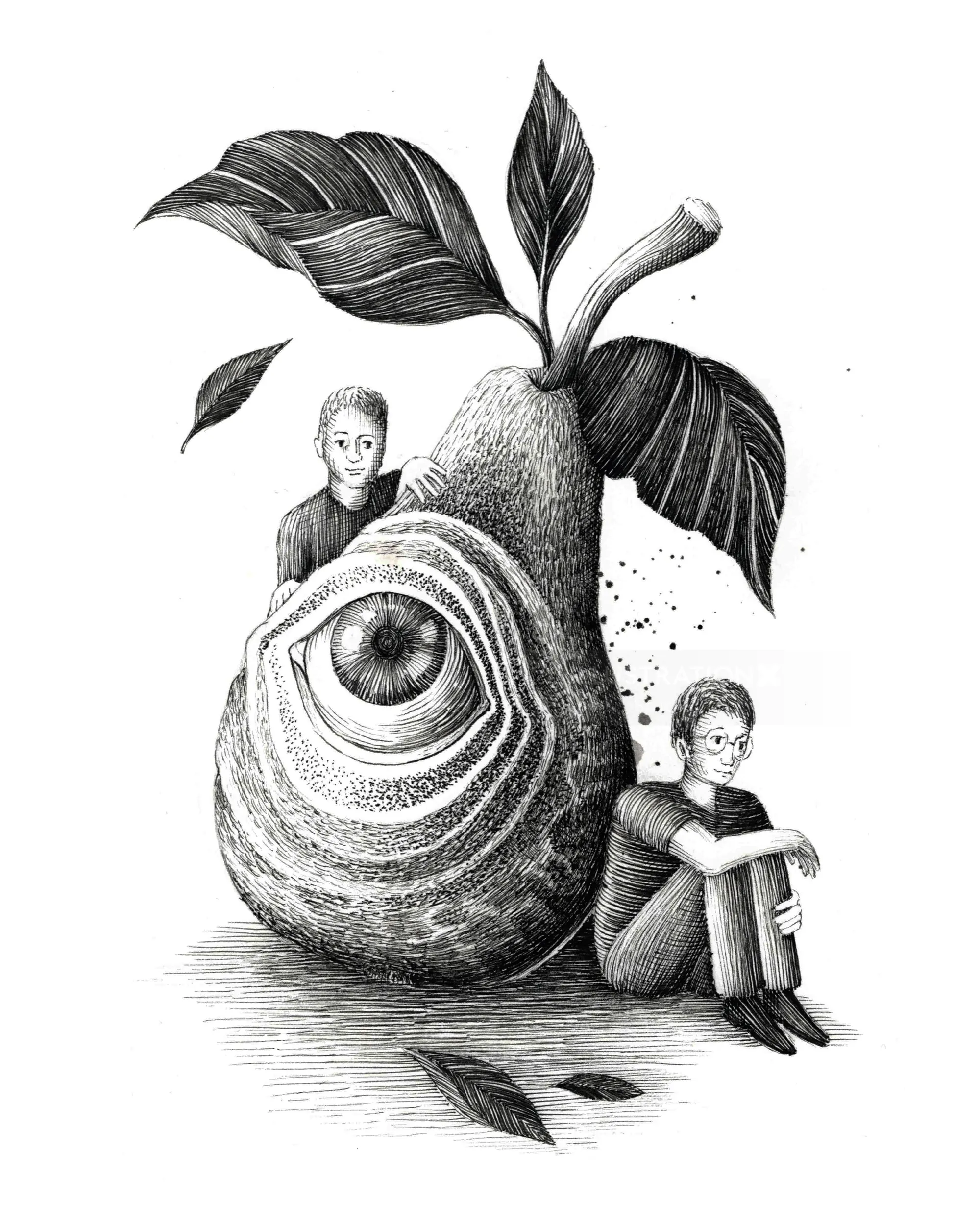Pear-shaped eye with two seated figures, illustrated by Miosis Studio