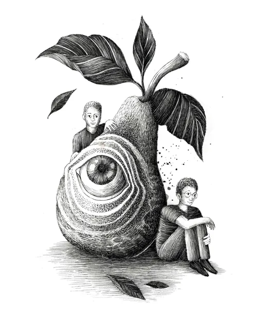 Pear-shaped eye with two seated figures, illustrated by Miosis Studio