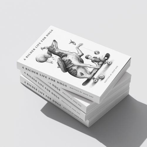 Miosis Studio illustration of a stack of white books with a dog