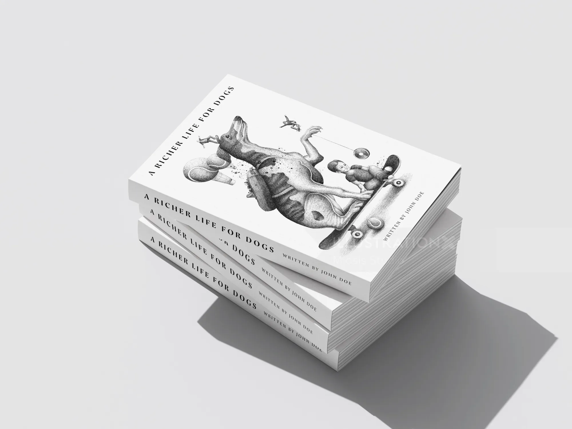 Miosis Studio illustration of a stack of white books with a dog