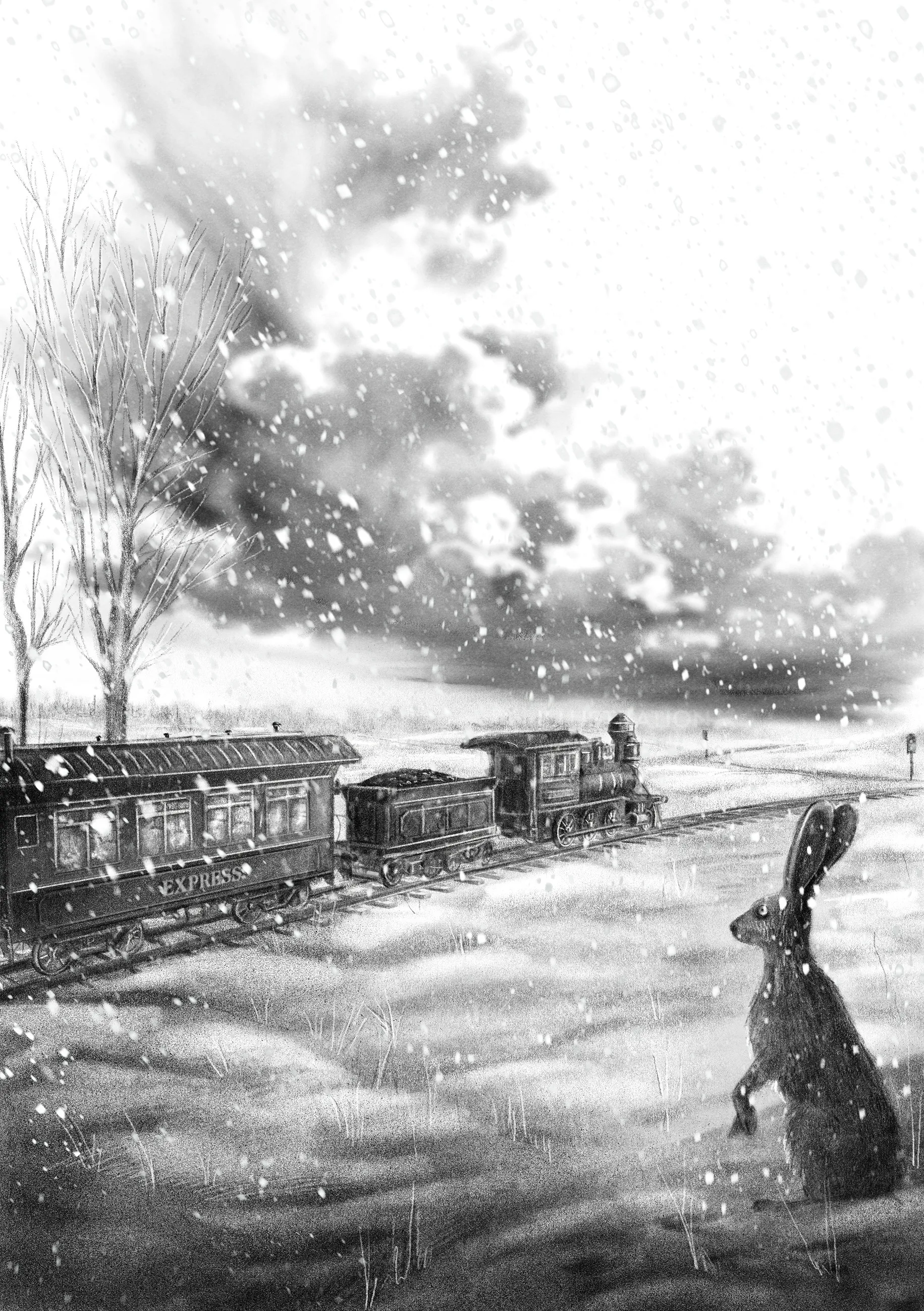 Misha Chernov illustration of a rabbit watching a train in falling snow