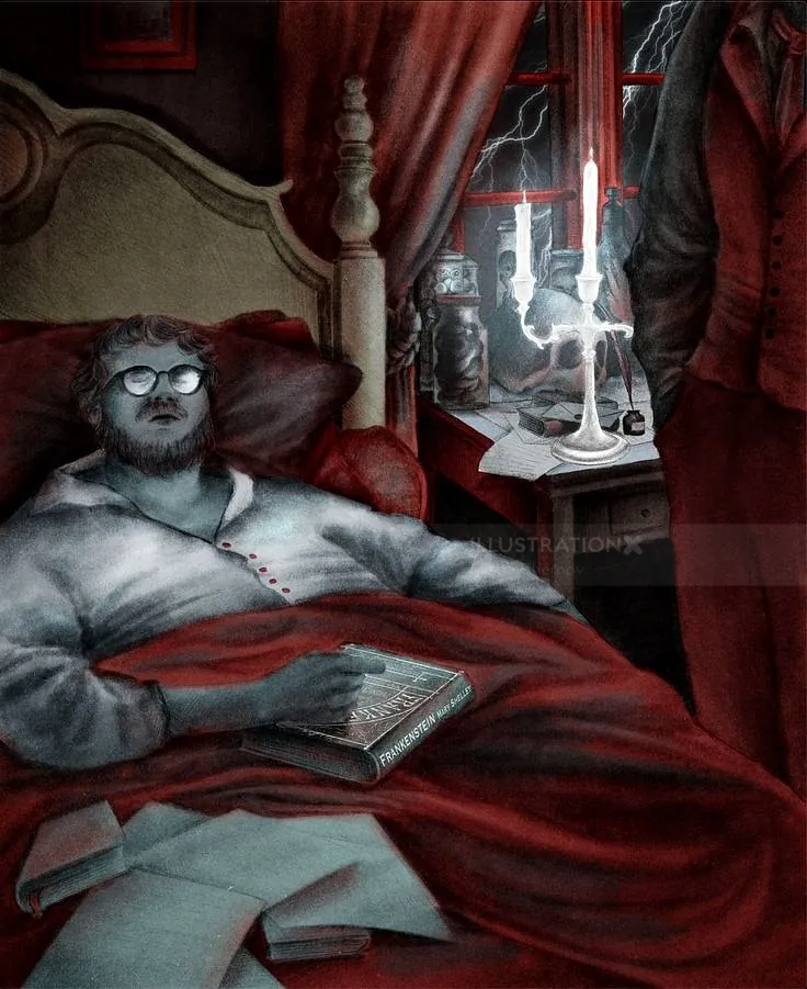 Misha Chernov illustration of Frankenstein resting in bed beside a storm-lit window