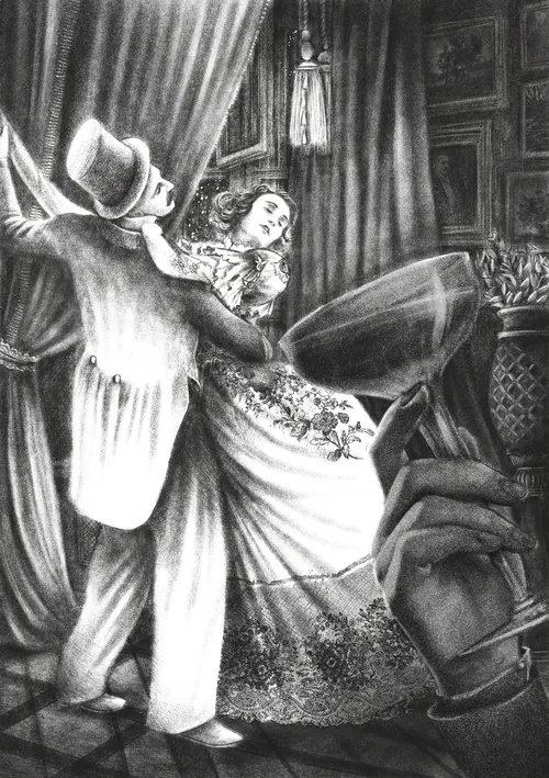 Misha Chernov illustration of a dancing couple in formal dress