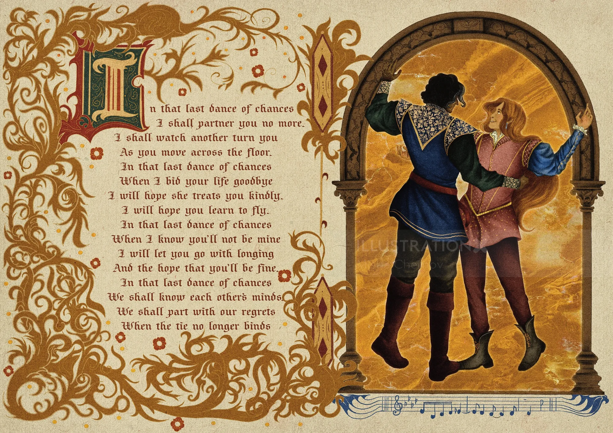 Misha Chernov illustration of a medieval couple beside an ornate poem page
