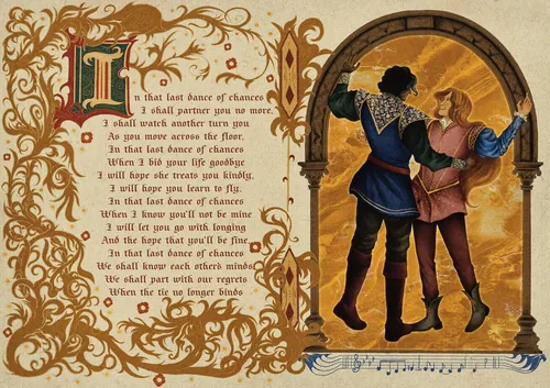 Misha Chernov illustration of a medieval couple beside an ornate poem page