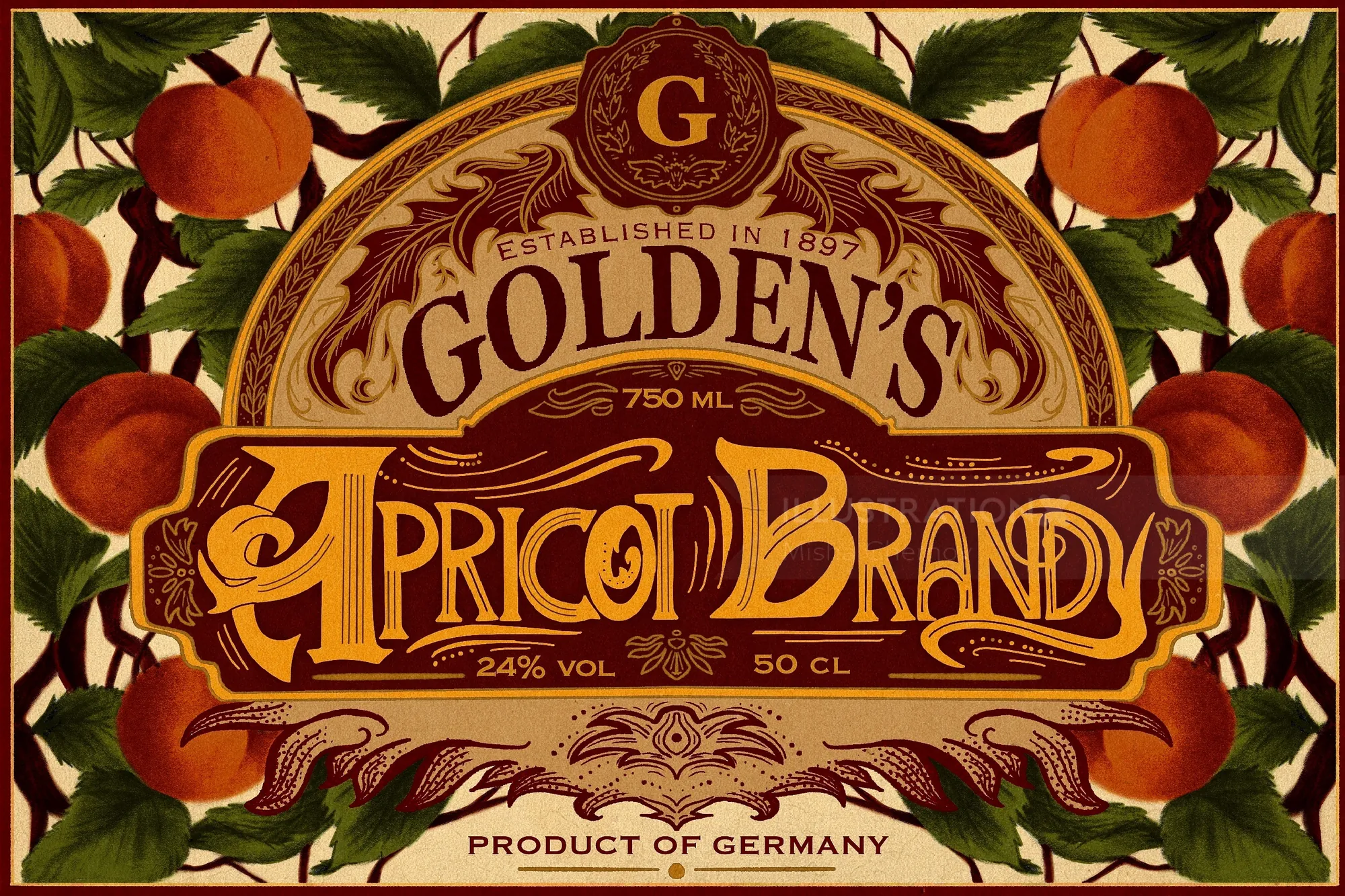 Misha Chernov illustration of a Golden's Apricot Brandy label