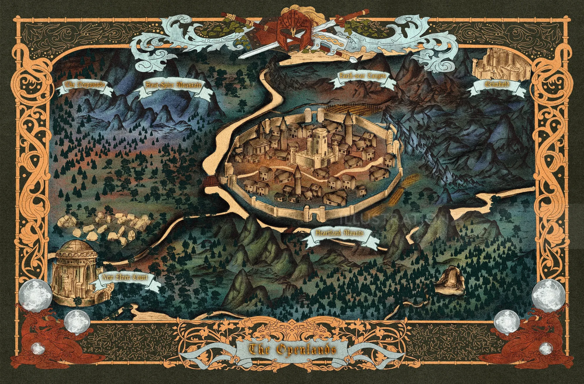 Illustrated fantasy map by Misha Chernov showing forests, mountains, waterways, and a central settle