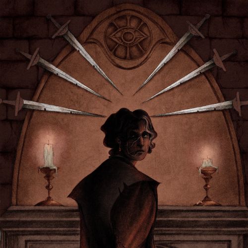 Misha Chernov illustration of a dark figure before a sword display