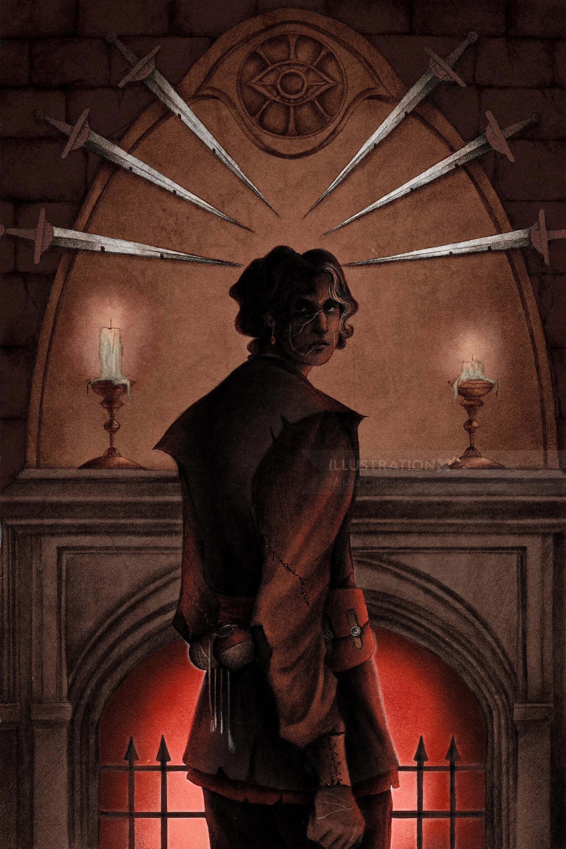Misha Chernov illustration of a dark figure before a sword display