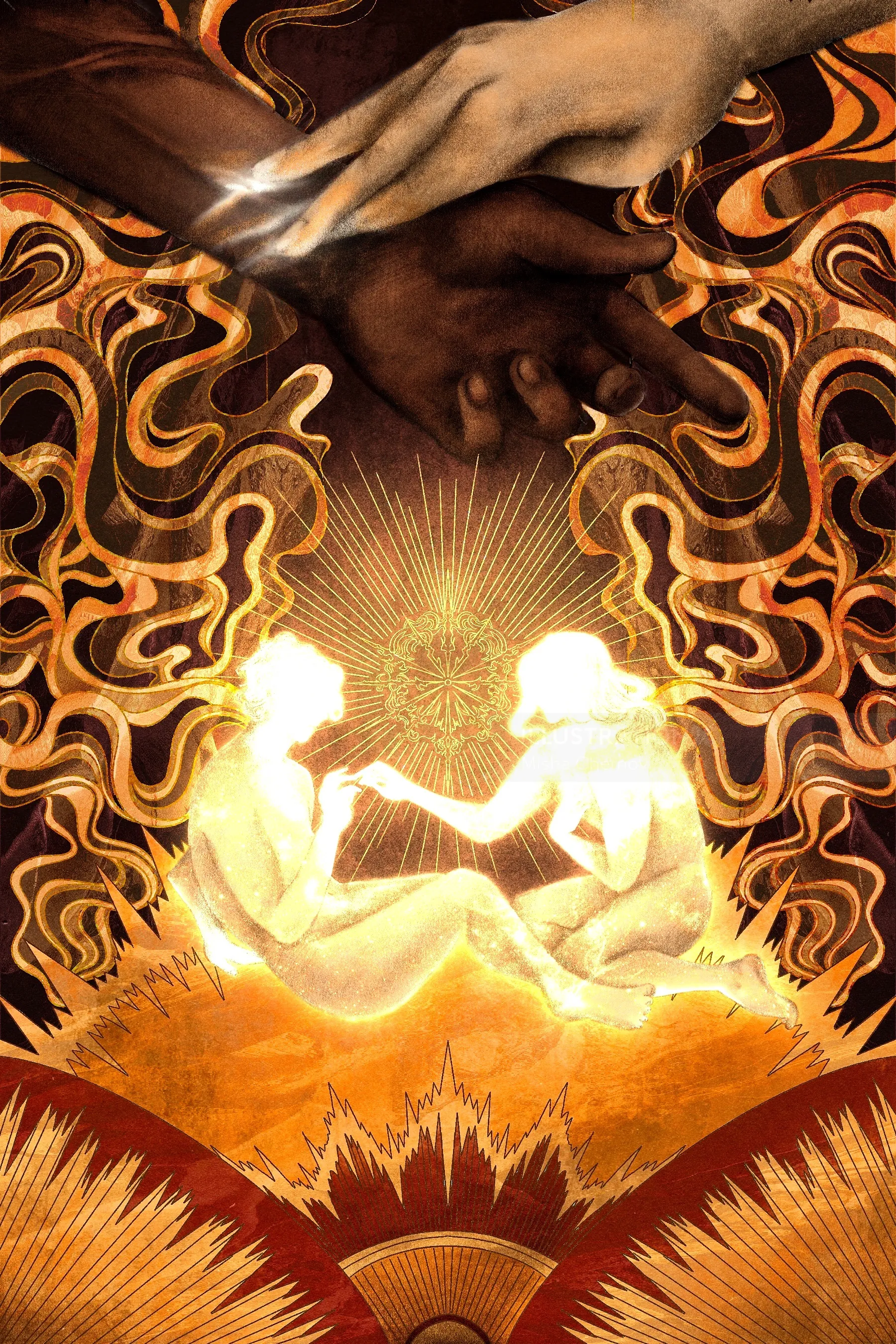 Misha Chernov illustration of two figures beneath a wolf-like creature
