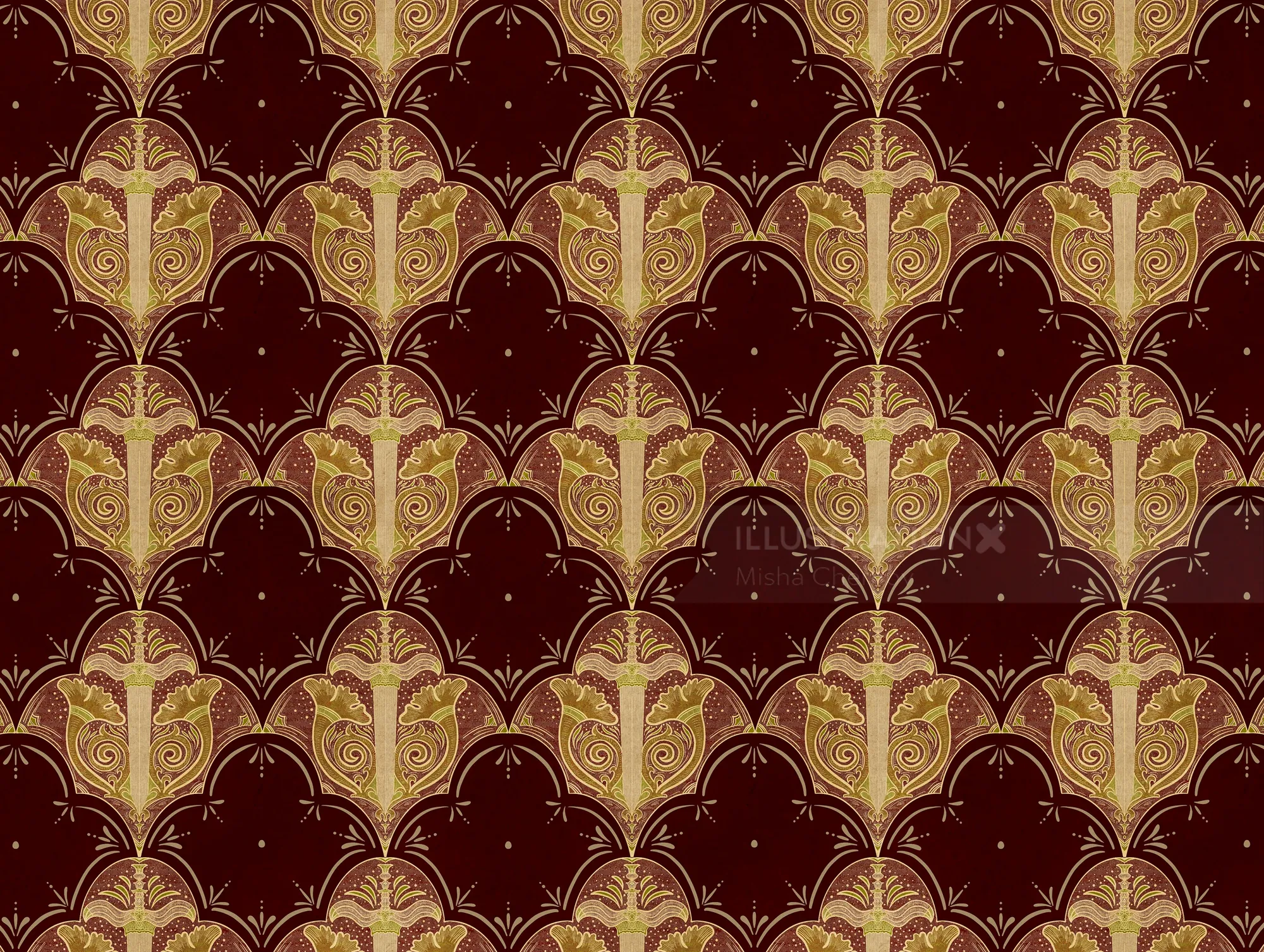 Decorative endpapers by Misha Chernov with repeating burgundy and gold motifs