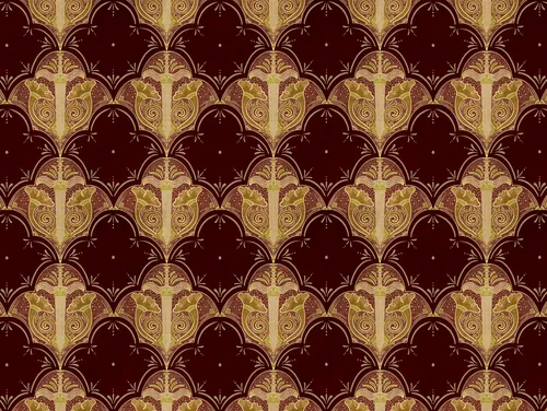 Decorative endpapers by Misha Chernov with repeating burgundy and gold motifs