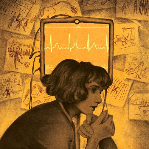 Misha Chernov illustration of a boy beside a glowing heart monitor