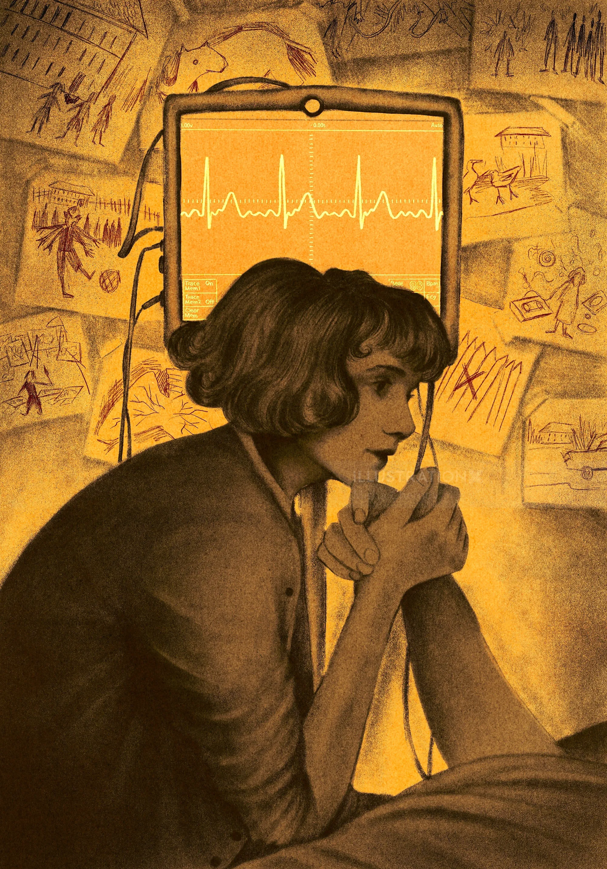 Misha Chernov illustration of a boy beside a glowing heart monitor