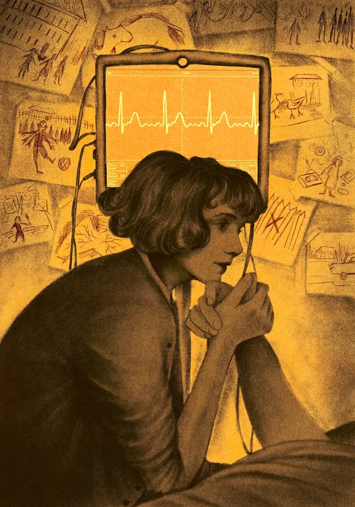 Misha Chernov illustration of a boy beside a glowing heart monitor