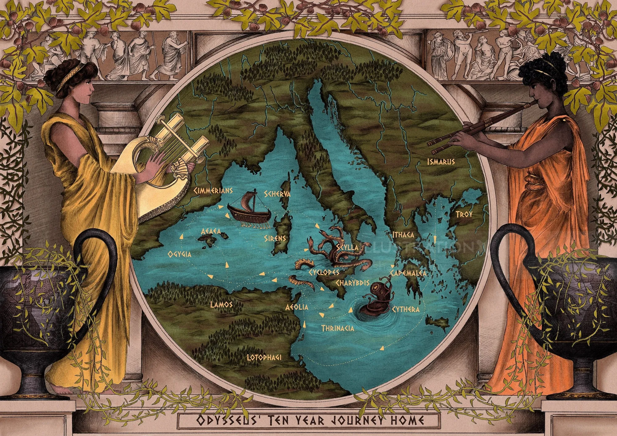 Misha Chernov's illustrated map of Odysseus's ten-year journey home