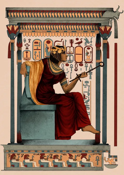 Misha Chernov illustration of an ancient Egyptian female pharaoh seated in a temple