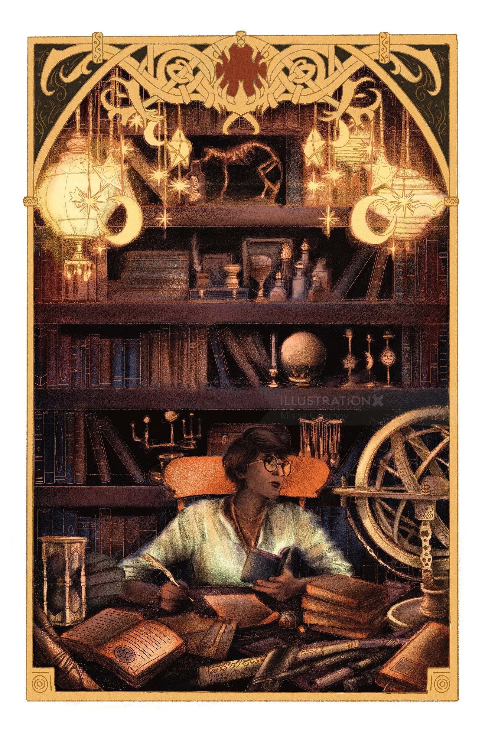 Misha Chernov illustration of a scholar in an ornate magical study